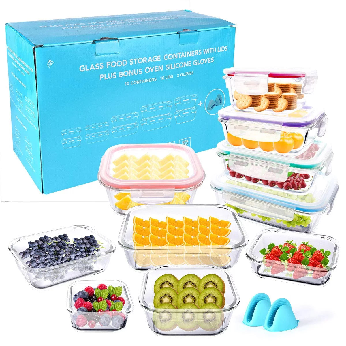 Essentials Glass Food Storage Airtight and Leakproof Containers Set - 20 Pieces