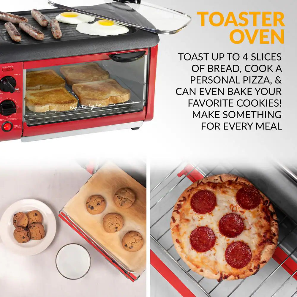 Essentials 1500 W 4-Slice Red Toaster Oven Breakfast Station