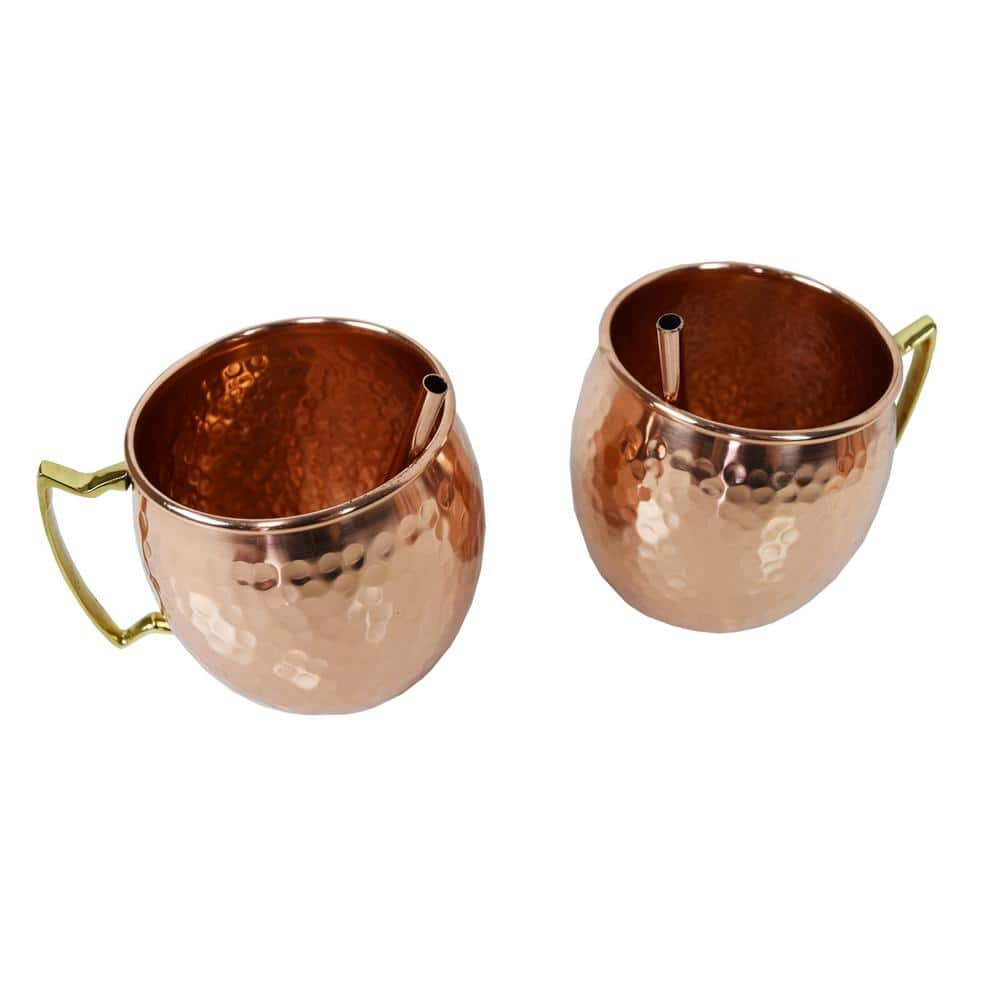 Essentials Solid round Pair of 100% Copper Mule Mug Cups with Straws 