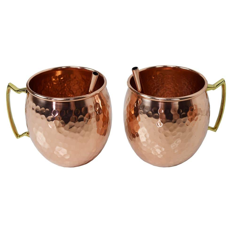 Essentials Solid round Pair of 100% Copper Mule Mug Cups with Straws 